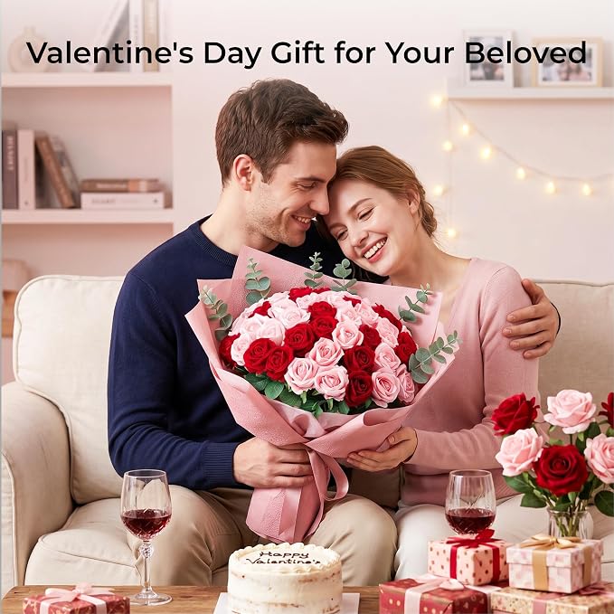 Auihiay 60PCS Artificial Roses, Pink and Red Roses, Velvet Silk Roses, Realistic Artificial Flowers for Father's Day, Wedding Centerpieces, Bridal Bouquets, Home Decor, Anniversary, Valentine's Day