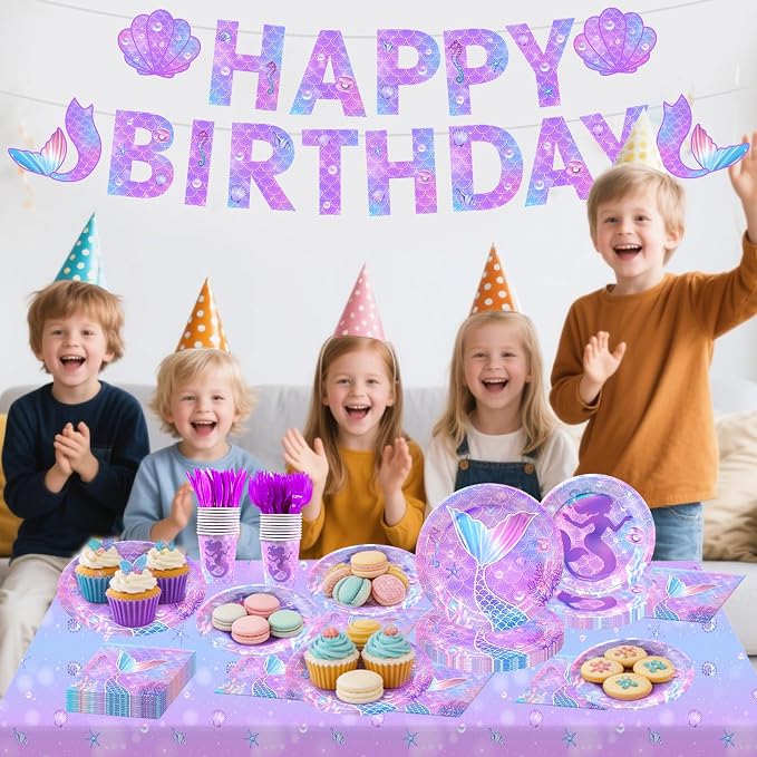182pcs Mermaid Birthday Party Decorations,Mermaid Themed Plates and Napkins Disposable Tableware Set for Girls Birthday Party Supplies,Serve 30 Guests