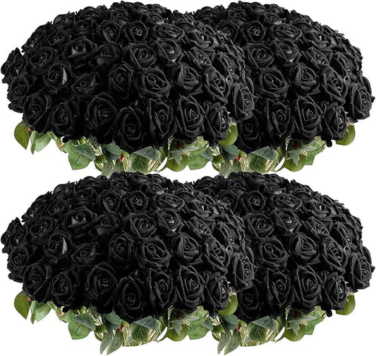 Auihiay 104PCS Black Roses, Realistic Silk Velvet Fake Roses, Vivid Artificial Black Rose Bouquet for Gothic Wedding, Bridal Bouquet, Party Backdrop, Home Decor, Valentine's Day, DIY Floral Crafts