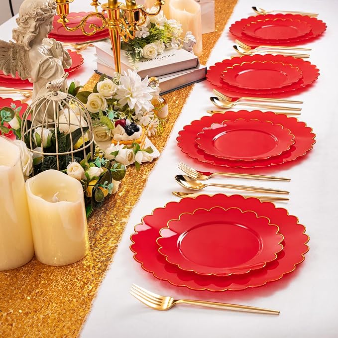 LIYH 60 Pcs Red Plastic Plates Disposable with Gold Edge Scalloped Red Gold Disposable Plates Includes 30 Dessert & 30 Dinner Plate Dishes Tableware for Party