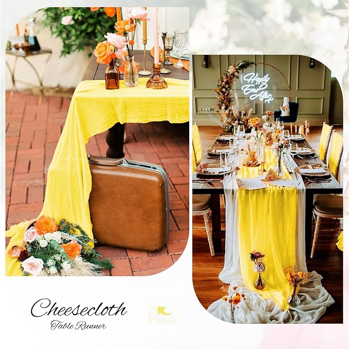 Showgeous 10 Pack Yellow Cheesecloth Table Runner, 10FT Long Semi-Sheer Boho or Rustic Gauze Table Runner Wedding Table Decor for Wedding Arch Draping Bridal Shower Holiday Party