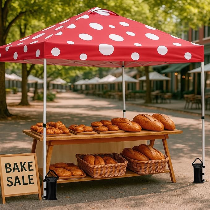 EAGLE PEAK Pop Up Canopy Tent with Wheeled Carry Bag, 8 Stakes, 4 Ropes, 4 Weight Bags, Easy Set Up Tent Canopy, 10x10 ft, 100sqft of Shade, Red Mushroom