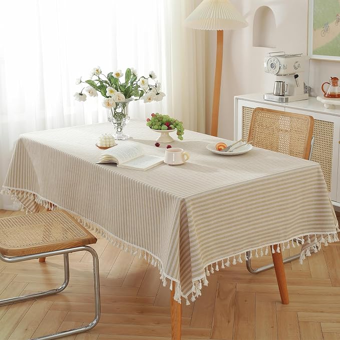 meioro Table Cloth Beige Striped Tablecloth Tassels Cotton Blend Dust-Proof Table Cover for Dining Coffee Buffet Kitchen Picnic Tables, Parties Tablecloths(55 x 120 Inch, Beige)
