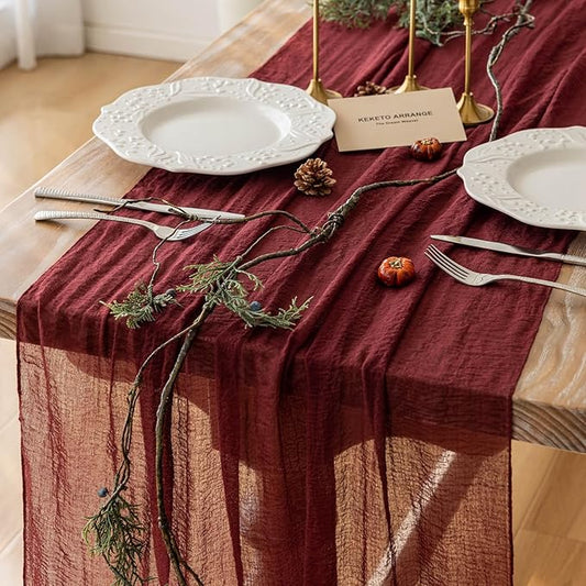 Keketoarrange 10pcs Burgundy Table Runner Valentines Decor Red Cheesecloth Gauze 120 Inch 10 FT Rustic Boho Cheese Cloth Runner for Wedding Baby Bridal Shower Party Long Sheer Spring Home Decorations
