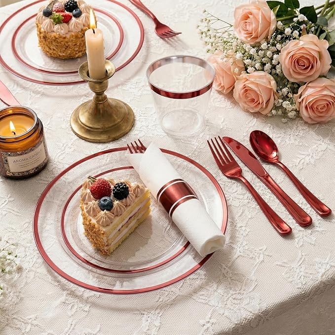 175pcs Plastic Plates for Party Clear & Red | Disposable Plastic Dinnerware Set for 25 Guests Include 50 Plastic Plates,25 Cups & 25 Pre Rolled Napkins with Cutlery Set