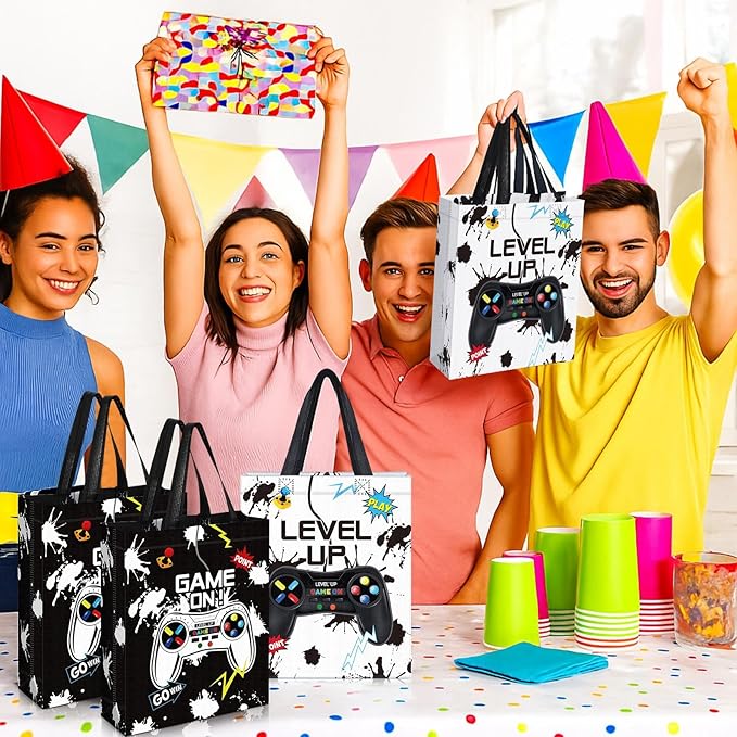 Sweetude 30 Pcs Video Game Gift Bag with Handle Game Party Supplies Reusable Gaming Non Goody Bag, 2 Styles