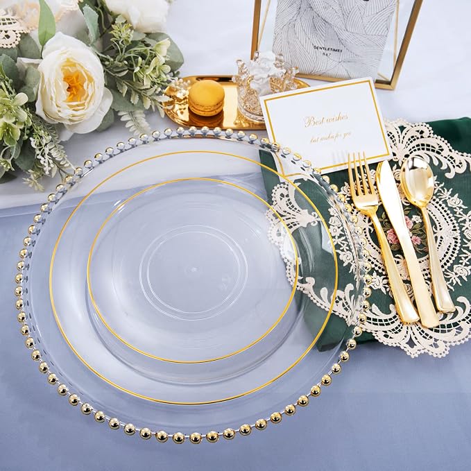 Nervure 125PCS Clear Gold Plastic Plates - Clear Plastic Plates with Gold Rim Include 25 Dinner Plate, 25 Dessert Plate, 25 Forks, 25 Knives, 25 Spoons for Wedding & Party & Thanksgiving