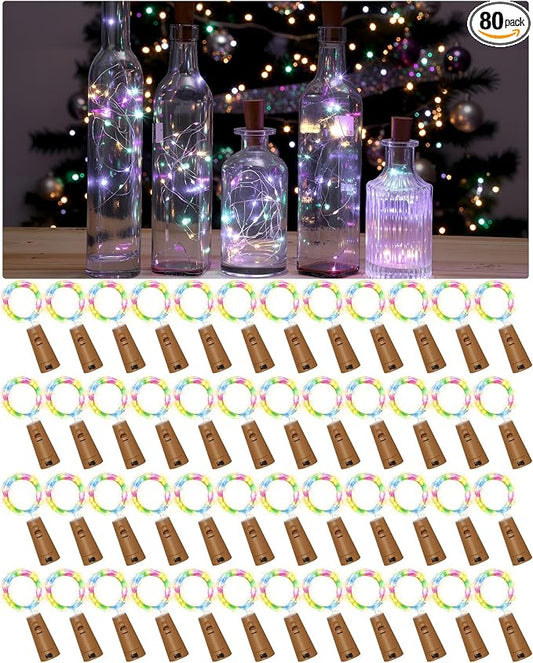 Hortsun 80 Pack Wine Bottle LED Lights with Cork Fairy Mini String Lights Battery Operated Mini Waterproof 7 ft Silver Wire 20 LED Cork Shape for Valentines, DIY, Party, Decor, Wedding (Multicolor)