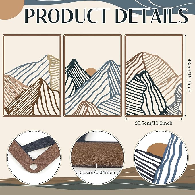 Peryiter 3 Pcs Metal Wall Art Decor Landscape Mountain Wall Hanging Decor for Living Room Abstract Minimalist Modern Mountain Line Pictures Bathroom Office Home Gifts Indoor(Vibrant Colors)