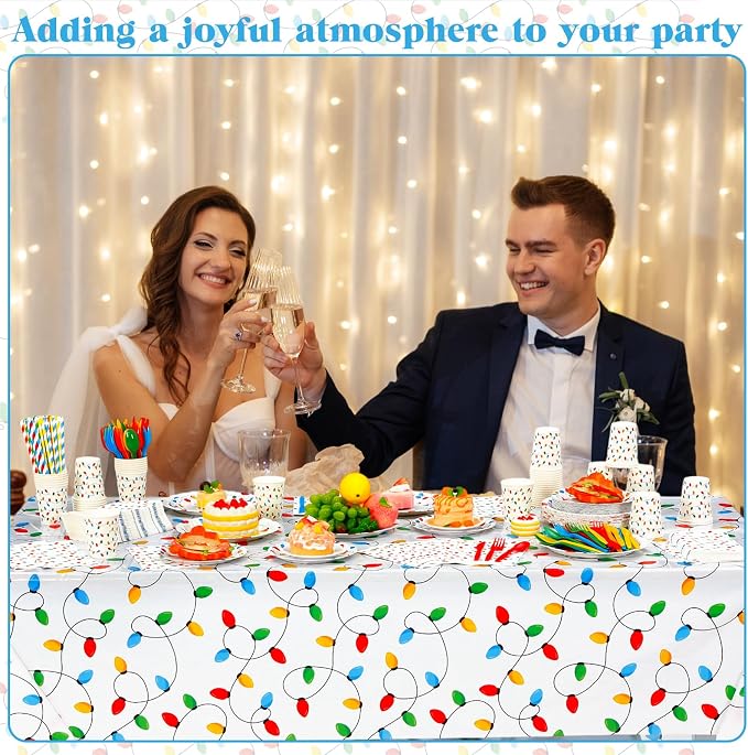 Funnymoom 452 Pcs Christmas Party Decorations for 50 Guests, Colorful Christmas Lights Paper Plates Napkins Cups Tablecloth Cutlery Straws Disposable Tableware Set for Xmas Holiday Party Supplies