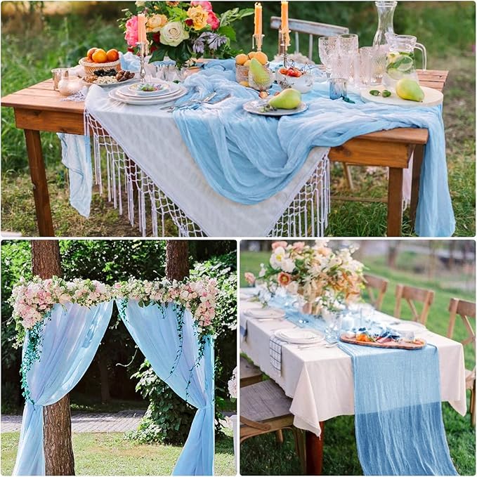 15 Pack Cheesecloth Table Runner Baby Blue 6FT Boho Table Runner 35x72 Inch Gauze Cheese Cloth Table Runners for Rustic Wedding Birthday Party Bridal Baby Shower Engagement Holiday Banquet Table Decor