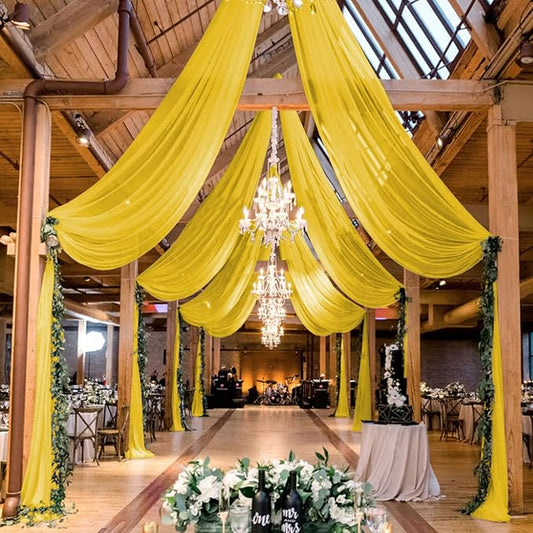 MODFUNS Gold Ceiling Drapes 5x30ft 2 Panels Chiffon Draping Fabric Semi-Sheer Ceiling Curtains Tulle Swag Curtain Sheers for Wedding Banquet Decor