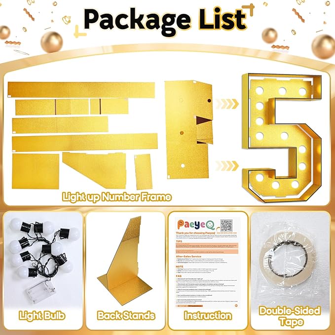 Light Up Numbers 50, 4FT Lighted Numbers 50 Marquee Glitter Gold Large Mosaic Number for 50th Birthday, Giant Marquee Sign Frame Pre-Cut Foam Board Kit for Graduation Anniversary Party