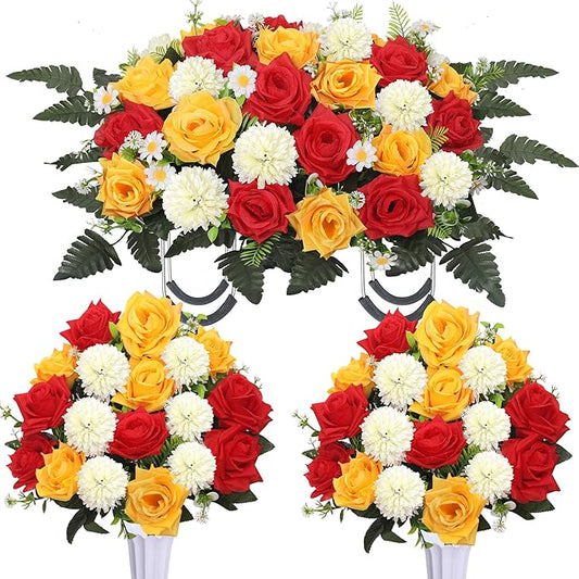 Lodou 3Pack Cemetery Decorations for Grave Large Headstone Flower Saddle Artificial Rose Bouquets with Vases for Outdoor Grave Headstone Decorations(Red Yellow)