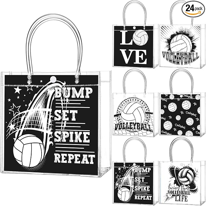 Teenyyou 24 Pcs Volleyball Clear Gift Bags with Handles Volleyball Goodie Bags Sport Theme Party Favor for Team Snack Birthday Gifts