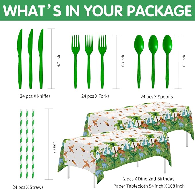 Dinosaur 2nd Birthday Party Supplies For Boy - Dinosaur Theme Dino Two Rex Birthday Decorations Tableware, Disposable Paper Plate, Cup, Napkin, Tablecloth, Cutlery | 24 Guest