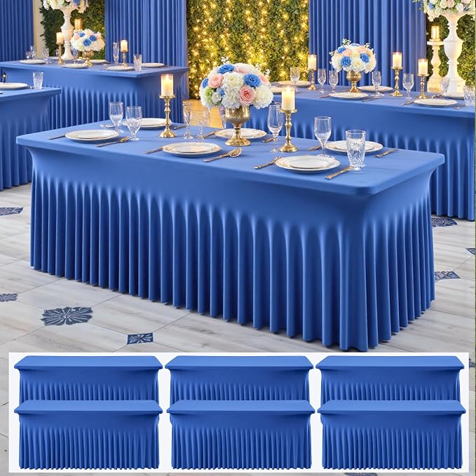 NSSONBEN 6 pk Royal Blue Spandex Tablecloths 6ft, Wrinkle Free High Stretch Fitted Table Cloths for 6 Foot Rectangle Tables, Ruffle Skirt Spandex Table Covers 6ft for Party Wedding Banquet