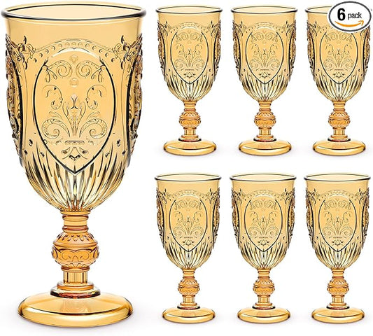 Wiwiqing 6 Pcs Plastic Goblets 7.5oz Vintage Goblet Plastic Wine Glasses Colored Retro Embossed Water Goblets for Wine Bar Juice Baby Shower Wedding Reception Grand Event Party (Amber)