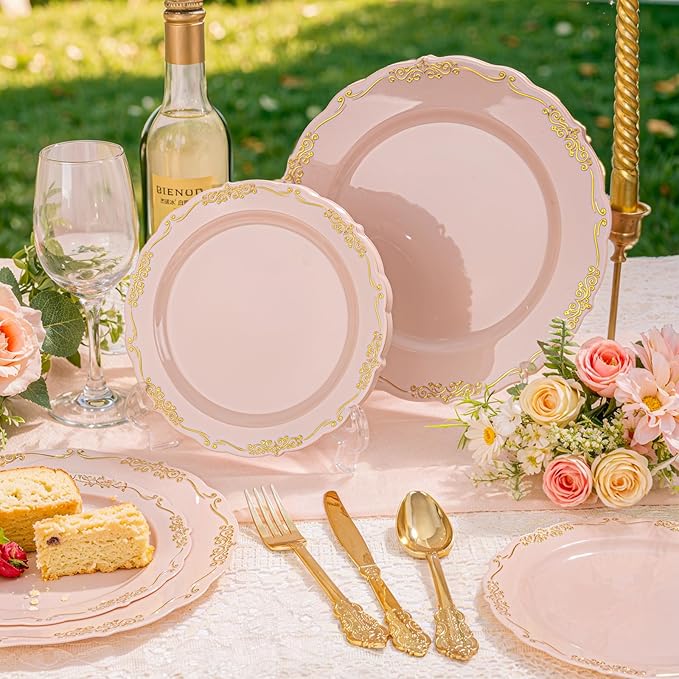 DaYammi 150Pcs Pink Plastic Plates with Gold Rimmed & Gold Silverware,Pink Disposable Plates for Party Include 30 Dinner Plate,30 Dessert Plate,30 Knives,30 Forks,30 Spoons for Mother's Day Party