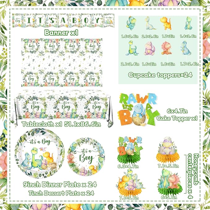 Dinosaur Baby Shower Decorations for Boy, It's a Boy Baby Shower Party Supplies Disposable Dino Plates Napkins Banner Tablecloth Cake Topper Balloon for Dinosaur Birthday Party Decorations, Serve 24