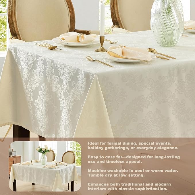 Newbridge Barcelona Luxury Damask Fabric Tablecloth, 70” Extra Wide x 168” Rectangle, Antique White, 100% Polyester, No Iron, Soil Resistant Dining Room, Party and Banquet Table Cover