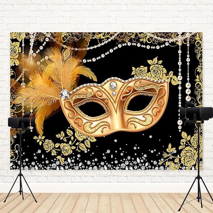 8x6ft Masquerade Backdrop Black Gold Masquerade Ball Decoration Mardi Gras Carnival Party Photography Background Birthday Banner Dress-up Prom Cake Smash Photo Booth Prop