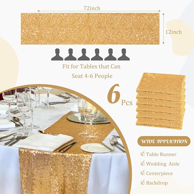6 Pack Champagne Gold Sequin Table Runner 12" x 72" Sparkle Table Runner for Baby Bridal Shower Wedding Birthday Party Table Decor (Champagne Gold)