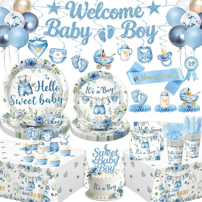 Blue Baby Boy Shower Decorations - Plates, Napkins, Cups, Cutlery, Honeycomb Centerpieces, Banner, Hanging Swirls, Tablecloths, Toppers, Sash, Balloons for Jean Boy Baby Shower Decorations, Serves 20