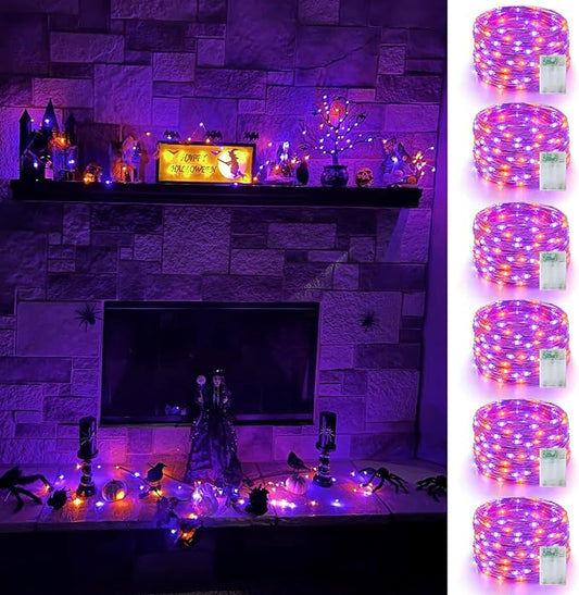 YEGUO Fairy Lights Battery Operated, 6 Packs Each 16ft 50 LED String Lights, 2 Modes Silver Wire Christmas Twinkle Light Indoor for Halloween Bedroom Wedding Party Holiday Gift(Orange and Purple)