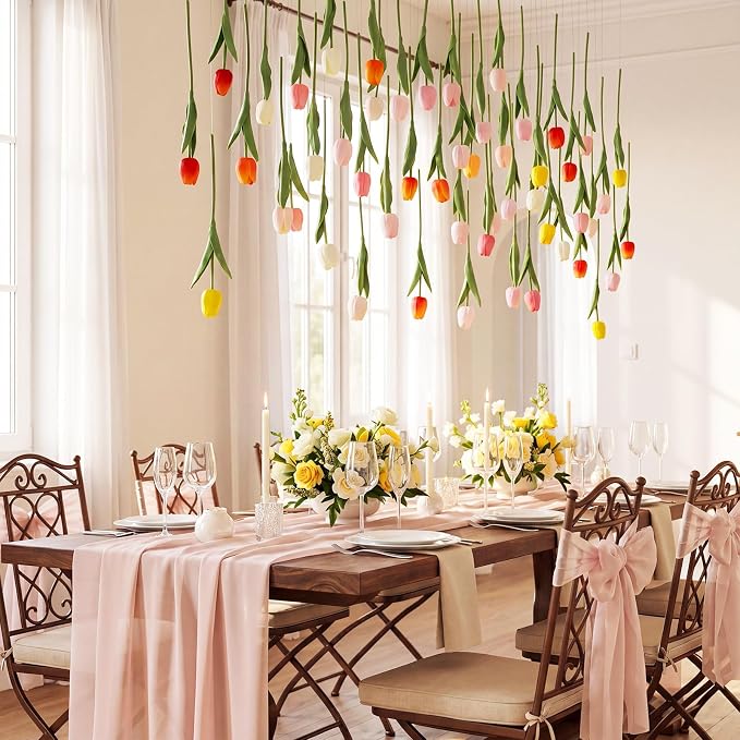 24 Pack 6 Colors 5 ft Artificial Tulips Hanging Flower Garland Decorations Spring Summer Dangling Faux Tulip Floral Vine Strings with Hooks for Wall Ceiling Wedding Tea Party