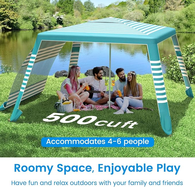MoKo Beach Cabana, 8'×8' Large Beach Canopy with Side Wall, UPF 50+ Protection Easy Setup Beach Tent Sun Shelter, Adjustable Height Wind Resistant Cabana Beach Tent for Whole Family, Green Stripe