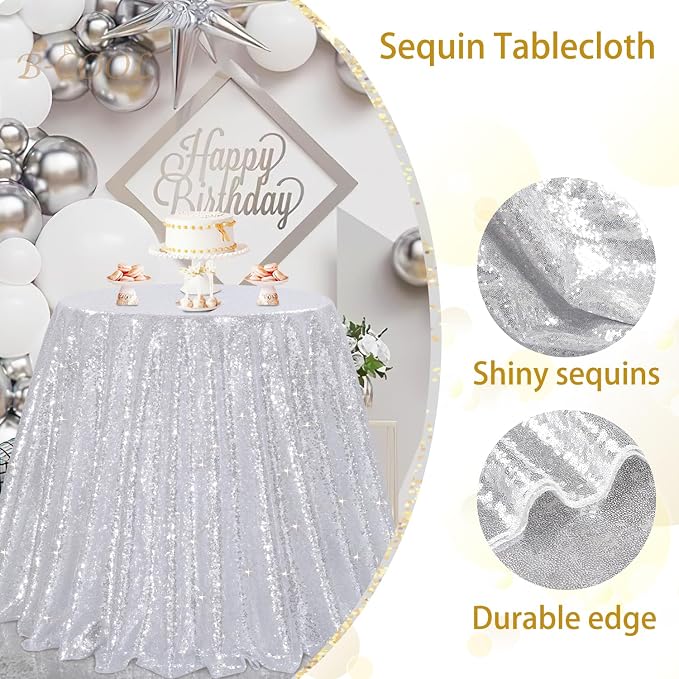 B-COOL Silver Sequin Tablecloth Decorations - 120 Inch Sparkly Table Fabric for Holiday Feast Birthday Celebration Anniversary Party