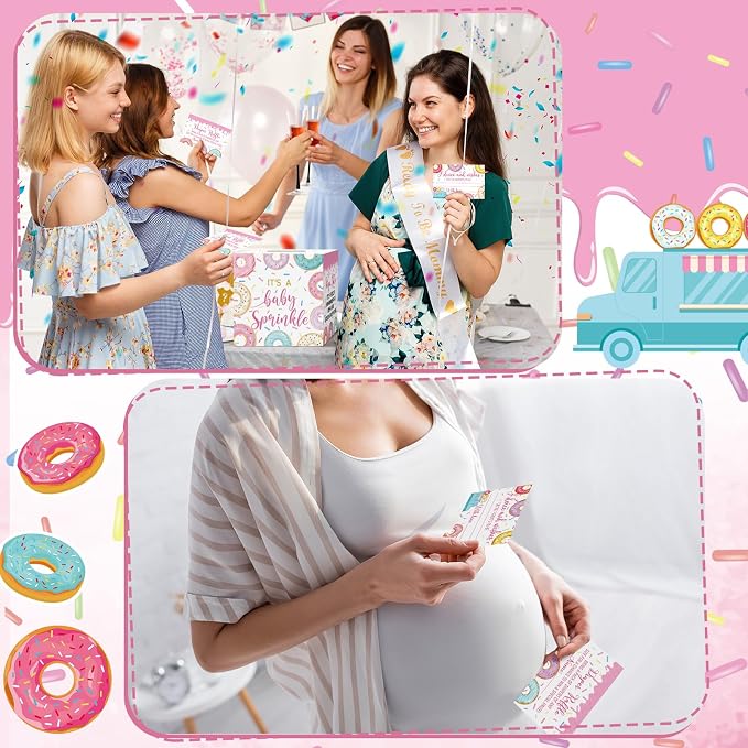 Teling 51 Pieces Diaper Raffle Tickets with Card Box Baby Shower Decorations Baby Shower Holder Box for Girl Boy Diaper Raffle Party(Donut Infant Sprinkle Decorations)