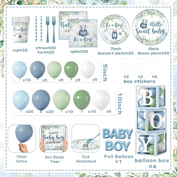 Blue and Sage Green Baby Boy Shower Decorations, All-in-1 Boho Baby Shower Decorations Boy with Balloon Arch Boy Boxes Plates Napkins Cake Toppers Tablecloth Backdrop Banner for Its a Boy Baby Shower