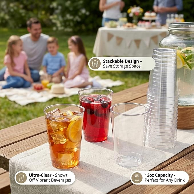 Byvivace 100Counts 12 OZ. Hard Plastic Cups Fancy Disposable Cups for Party, 12 Ounce Clear Elegant Wedding Cups Disposable Wine Glasses for Parties