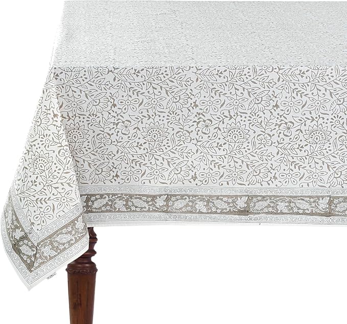 Ridhi Taupe Jal Hand Block Print Cotton Rectangle Tablecloth 118" x 70" inches Reusable Table Cover Decorative Everyday Use for Dining Room, Farmhouse, Home Gift for Spring, Mother's Day