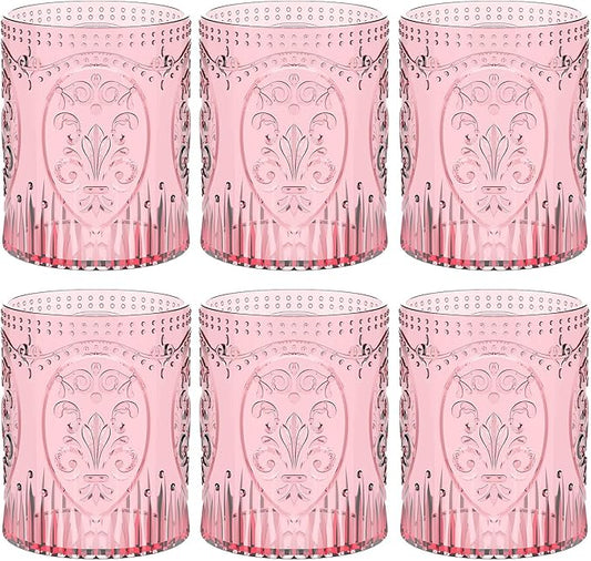 Qinyoung 6 Plastic Vintage Drinking Glasses 8.5oz Stemless Retro Embossed Wine Glasses Shatterproof Reusable Cups for Baby Shower Wedding Reception Grand Event Party (Pink)