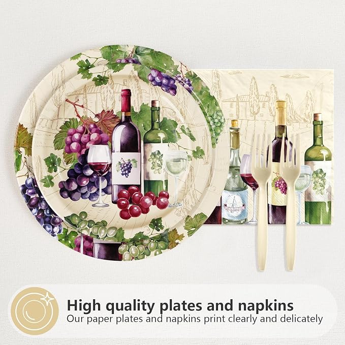 96Pcs Wine Tasting Party Supplies Red Wine Plates and Napkins Purple Grapes Vineyard Tableware Set for Women Girls Bridal Shower Drinks Theme Party Decorations Serves 24