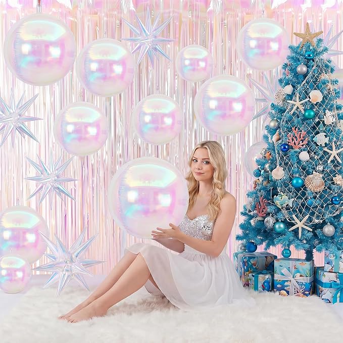 Seenelling 24 Pcs Iridescent Party Decoration Set 22'' 4D Star Ball Balloons White Shiny Metallic Tinsel Foil Fringe Curtain Backdrop for Mermaid Wedding Engagement Princess Bachelorette Unicorn Party