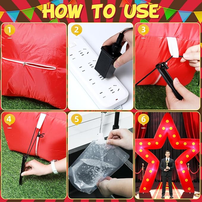 10FT Movie Night Star Outdoor Inflatable Decoration Giant Pentagram Archway with Built in LED Lights Red Runner Rug Movie Theme Blow Up Decor for Red Carpet Awards Birthday Party Yard Garden Decor