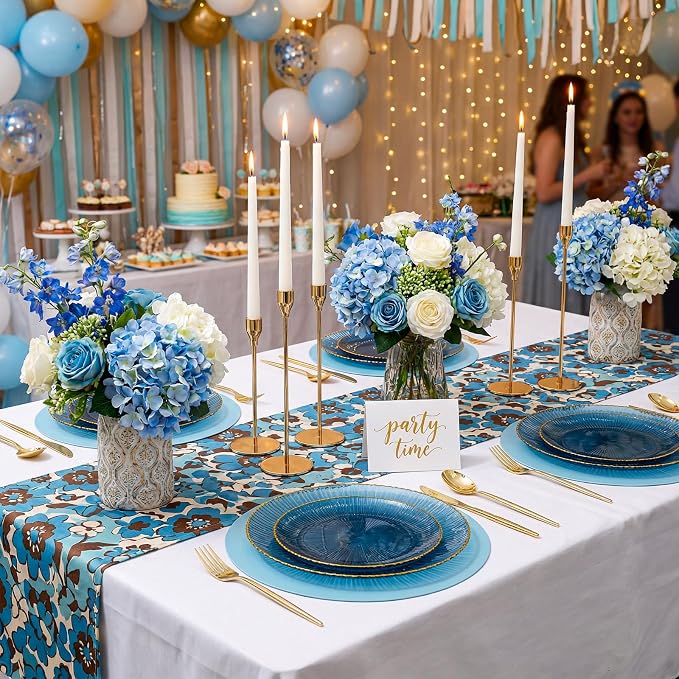 DaYammi 60Pcs Blue Plastic Plates with Gold Rimmed - Disposable Plates for Party Include:30 Dinner Plate 30 Dessert plate,Blue Plate with Radial Texture for Party & Wedding & Dinner
