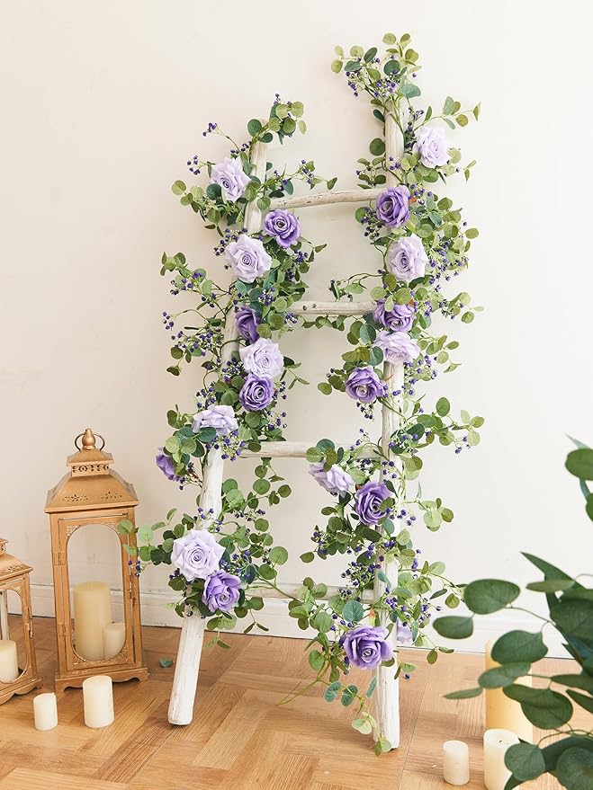 Anna's Whimsy 5.91FT Artificial Eucalyptus Garland with Flowers, Fake Rose Gypsophila Garland, Faux Floral Greenery for Wedding Spring Home Party Craft Art Table Runner Decor