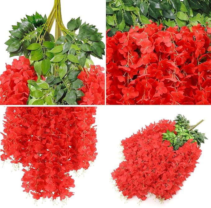 U'Artlines 24 Pack (Total 86.4 Feet) Artificial Fake Wisteria Vine Rattan Hanging Garland Silk Flowers String Home Party Wedding Decor (24, Red)