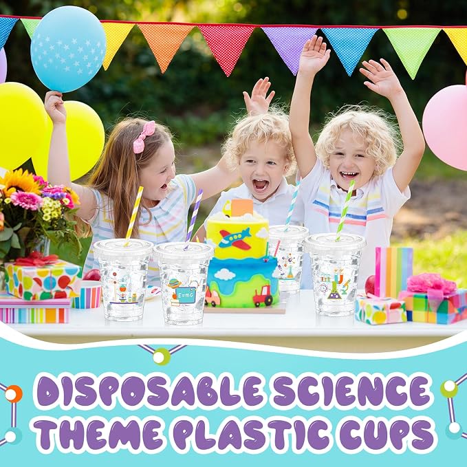 FoldTier 50 Pcs Science Cups 12 oz Disposable Plastic Cups with Straws and Lids Science Clear mug Birthday mugs Supplies Birthday Table Decorations Party Favor