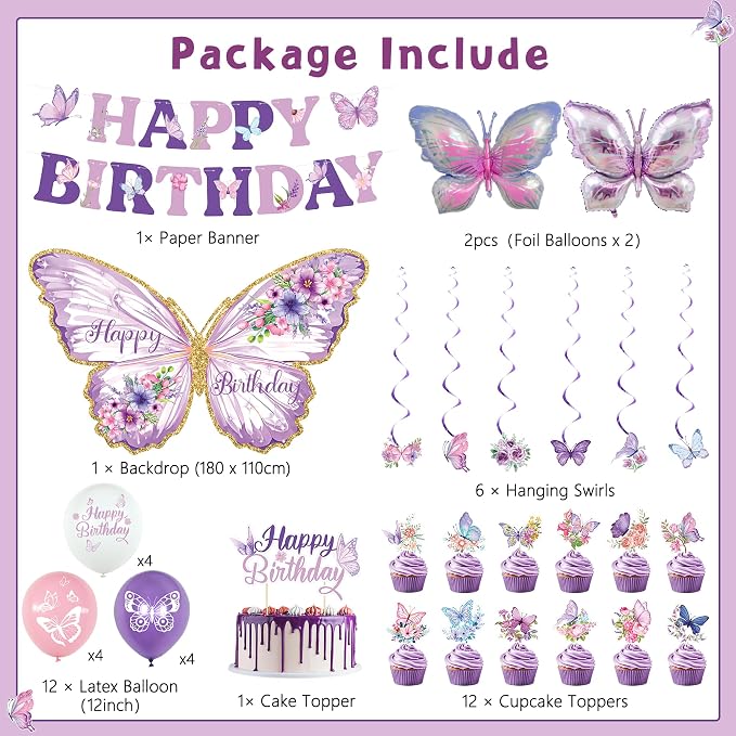 Roetyce Butterfly Birthday Decorations, Purple Happy Birthday Banner Backdrop Balloons Hanging Swirls Cake Topper for Home Party, Girls Women Butterfly Themed Party Suppiles Photo Background