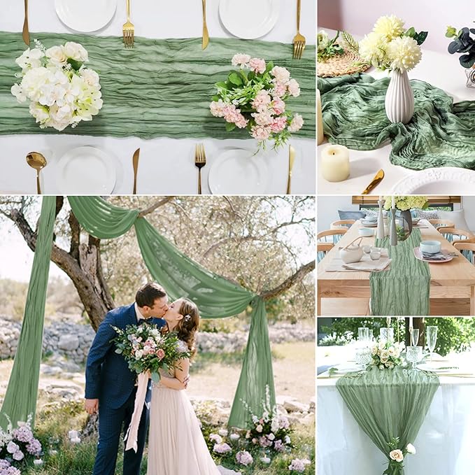 15 Pack Cheesecloth Table Runner 6FT Gauze Cheese Cloth Table Runner 35x 72Inch Boho Table Runners Romantic Table Cover for Wedding Birthday Party Engagement Bridal Baby Shower Table Decor(Sage Green)