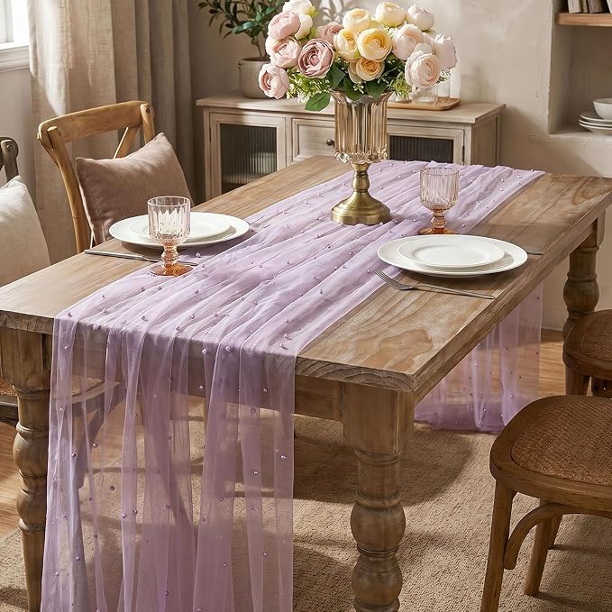 Sheer Gauze Pearl Table Runner Tulle Fabric: 10ft Seasonal Dessert Chiffon Pearl Lace Boho Overlay Wedding Veil Outdoor Wedding Aisle Runner Party Decorations Doilies Grayish Purple