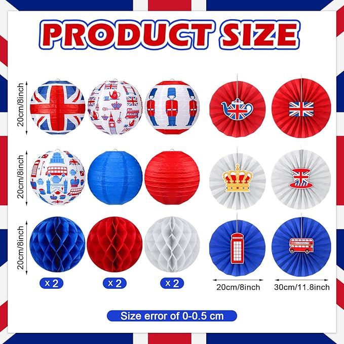 Retisee 18 Pcs British Party Decorations Britain UK England Flag Hanging Paper Lanterns Red White Blue Honeycomb Fans Honeycomb Ball for Hanging Coronation Union Jack Party Decoration