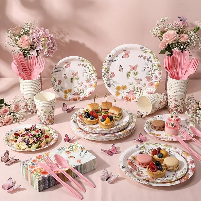 Sinmoe 400 Pcs Pink Floral Plates and Napkins Set Paper Spring Butterfly Wildflower Dinnerware Disposable Party Supplies for 50 Guest Flower Dinnerware Knife Fork Spoon for Spring Birthday Baby Shower