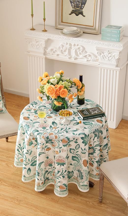 patdrea Vintage French Linen Tablecloth,Round,Diameter 67"-Tree Life | Elegant Colorful Table Cloth for Round Table,Green Floral Patterned,for Dining Room Tea Party Thanksgiving,Durable
